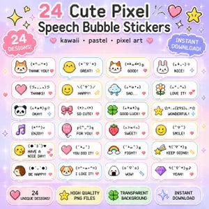 Pode incluir: Gráfico de download digital com 24 autocolantes de balões de fala pixelizados com temas kawaii, pastel e pixel art. Cada autocolante tem um design único com personagens e frases fofas como "Obrigado!" e "Feliz!"