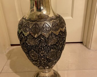 Antique Sterling  silver Tall Vase With Carving 16” Tall