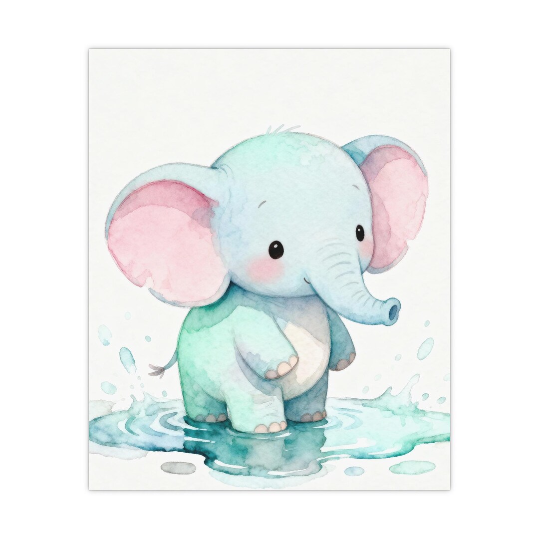 Baby Elephant Nursery Poster Cute Watercolor Safari Animal Wall Art for ...