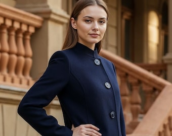 Navy Blue Wool Overcoat – Minimalist Tailored Winter Coat