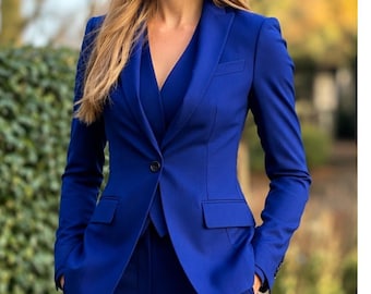 Women’s Cobalt Blue 3-Piece Suit Set – Tailored Blazer, Vest & Trousers | Elegant Slim Fit Pantsuit