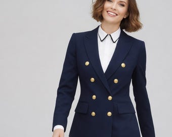 Navy Blue Double-Breasted Blazer Pantsuit Set – Gold Button Tailored Business Attire