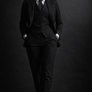 Puede incluir: Un traje de tres piezas a rayas finas negro, que incluye una chaqueta, un chaleco y un pantal&oacute;n, usado con una camisa blanca y una corbata oscura. La persona est&aacute; de pie con las manos en los bolsillos sobre un fondo oscuro. El traje es cl&aacute;sico y elegante.