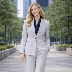 Puede incluir: Un traje de negocios gris claro con una americana de un solo botón y pantalones a juego. El traje se lleva con una blusa azul oscuro. El fondo presenta una calle de la ciudad con árboles y edificios altos.