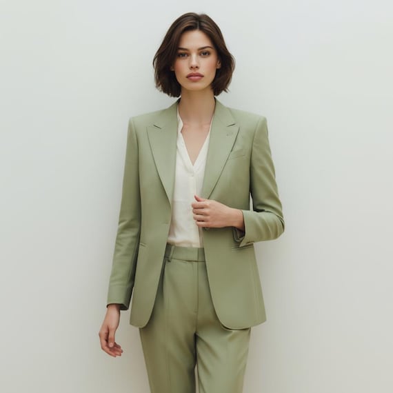 sage green dress pants womens Women's Tailored Suit Set, Blazer and Pants, Minimalist Office Wear inv-69