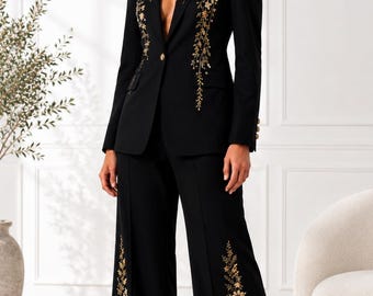 Women's Black Embroidered Suit Set – Luxury Floral Embroidered Blazer & Wide Leg Pants | Elegant Evening Pantsuit for Women