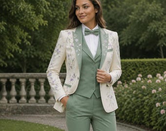 Conjunto feminino de calça e blazer verde-sálvia e blazer marfim, terno de 3 peças, ideal para casamento, terno formal feminino.
