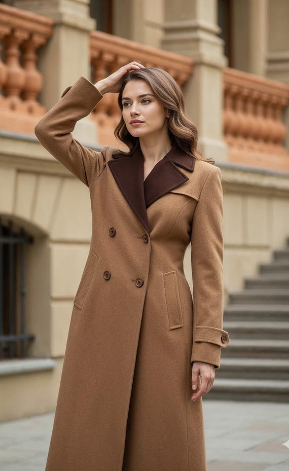 Camel Brown Wool Trench Coat with Contrast Chocolate Lapel - Long Double-Breasted Tailored Overcoat | VORA