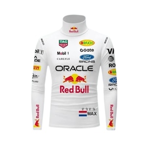 May include: A white long-sleeve turtleneck shirt featuring various sponsor logos including Oracle, Red Bull, Mobil 1, and Ford Racing. The front displays the Red Bull logo, the text MAX, four stars, and a Dutch flag. Logos are printed on the sleeves and chest.