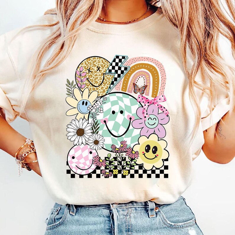 Retro Smiley Face PNG Bundle, Hippie 70s Positive Vibes Happy Face ...