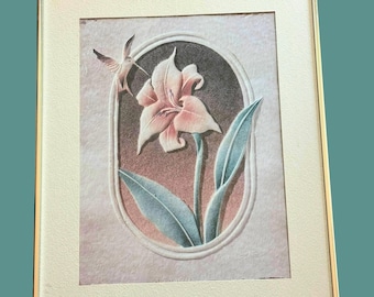 Signed Astin Hummingbird Lily Embossed Paper Art, Framed Floral Botanical Print