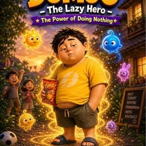 Könnte beinhalten: Ein Buchcover mit dem Titel DOMJO The Lazy Hero - The Power of Doing Nothing von C.J.Namha. Es zeigt einen Jungen in einem gelben T-Shirt und grauen Shorts, der eine Tüte YUMZ-Chips hält, umgeben von leuchtenden magischen Wesen und einer Tafel.