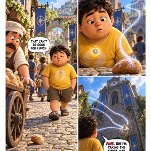 May include: A comic book page featuring a young character in a yellow t-shirt and dark shorts walking through a stone town. Text bubbles read: ALL OVER TOWN, LITTLE MOMENTS WERE GETTING STUCK. THAT CAN'T BE GOOD FOR LUNCH. THIS TIME, DOMJO NOTICED WHERE THEY WENT. FINE. BUT I'M TAKING THE SHORT WAY.