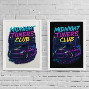 May include: Two framed art prints. Each features a purple sports car with neon accents, a cityscape silhouette, and the text "MIDNIGHT TUNERS CLUB" in a graffiti-style font. One print has a white background, the other black.