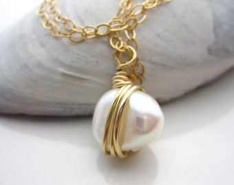 Large Baroque Pearl wire wrapped necklace,14k gold filled wire wrapped large pearl, Freshwater pearl wrapped 14k gold filled necklace, G-42