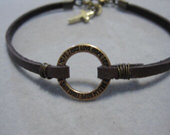 Brown leather bracelet, love, dream, hope, trust, circle charm bracelet, tiny gold cross, baptism gift, confirmation gift