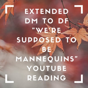 Op de afbeelding: Een close-up van een rood en oranje esdoornblad met de tekst "EXTENDED DM TO DF "WE'RE SUPPOSED TO BE MANNEQUINS" YOUTUBE READING" in wit.