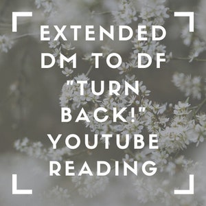 Puede incluir: Un gráfico de texto blanco sobre un fondo borroso de flores blancas. El texto dice "EXTENDED DM TO DF "TURN BACK!" YOUTUBE READING" con corchetes cuadrados alrededor del texto.
