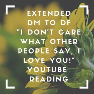 Puede incluir: Imagen con texto: "EXTENDED DM TO DF '¡NO ME IMPORTA LO QUE DIGAN LOS DEMÁS, TE AMO!' LECTURA DE YOUTUBE" sobre un fondo de girasol. El texto es blanco, con un fondo verde y oscuro borroso.