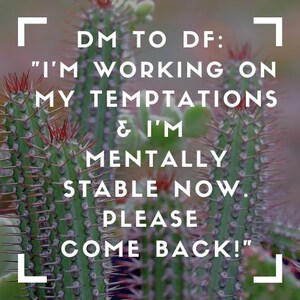 Puede incluir: Primer plano de un cactus verde con espinas y el texto "DM TO DF: "I'M WORKING ON MY TEMPTATIONS & I'M MENTALLY STABLE NOW. PLEASE COME BACK!" "