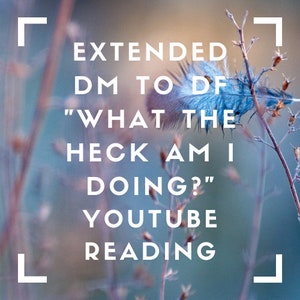Puede incluir: Una pluma azul con el texto "EXTENDED DM TO DF "WHAT THE HECK AM I DOING?" YOUTUBE READING" en letras blancas sobre un fondo borroso de azul claro y morado.