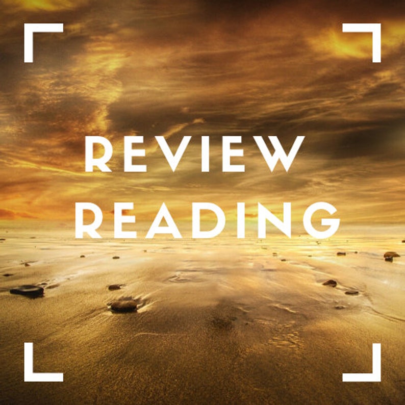 May include: A sunset over a beach with the words "REVIEW READING" in white text on a golden background.