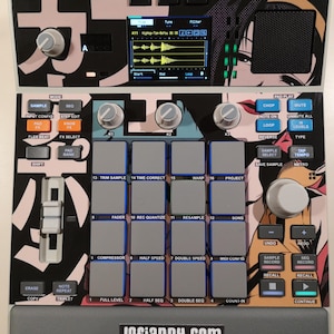 May include: A music production sampler featuring a custom graphic overlay of an anime character. The device includes a central grid of sixteen grey pads, multiple control knobs, a digital display screen, and various function buttons. The text lofiandy.com is printed on the bottom grey panel.
