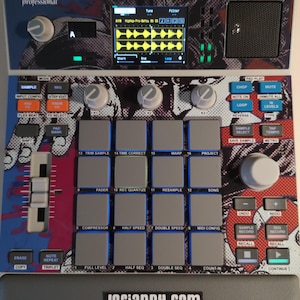 May include: An AKAI professional MPC SAMPLE music production centre with a screen displaying audio waveforms. Features include buttons for sample, sequence, and FX select. The device has a grey base with the text "Lofiandy.com".