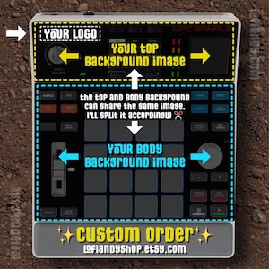 Peut inclure: Un échantillonneur MPC personnalisé en noir et blanc. Il comprend un écran, des boutons et une grille de pads. Le texte inclut "YOUR LOGO", "MPC SAMPLE" et "CUSTOM ORDER @Lofiandyshop.etsy.com".