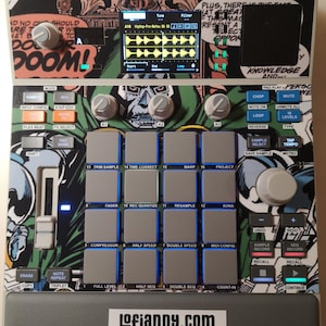 May include: A custom music production device with a comic book design. It has many buttons, pads, and knobs for sound manipulation, a screen showing waveforms, and the text "DOOM!" and "Lofiandy.com".