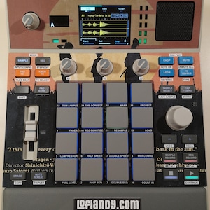 May include: A music production sampler featuring a central grid of sixteen grey square pads, multiple control knobs, and a digital display screen. The device has a tan and black graphic overlay with anime-style silhouettes and the text lofiandy.com.