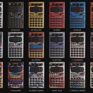 May include: A collection of eighteen colorful electronic music production devices, each with a unique design. The devices feature a grid of square pads, knobs, and buttons. The color schemes vary, including white, black, yellow, red, blue, orange, and designs with text such as "DONUTS" and "ECLIPSE".