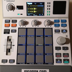 May include: A white and grey Akai MPC Sample music production device with many buttons, knobs, and a screen showing audio waveforms. The device has the text "Lofiandy.com" on the bottom.