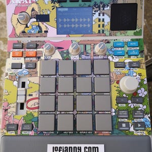 May include: An Akai MPC Sample music production centre with a colourful cartoon design. Features include pads, knobs, and a screen displaying waveforms. The device has various function buttons and the text "Lofiandy.com".