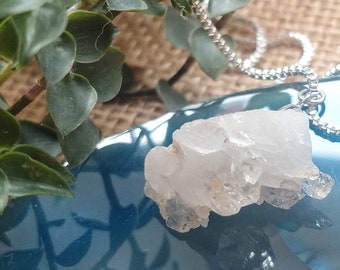 Raw quartz cluster on long sterling silver necklace