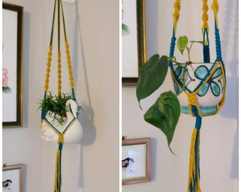 Two tone teal and mustard handmade plant hanger