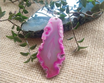 Large pink agate on long sterling silver chain crystal necklace