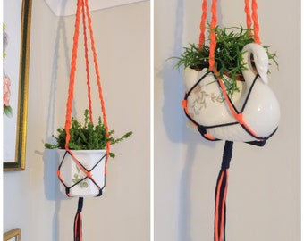 Coral and navy hand made plant hanger