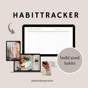 Könnte beinhalten: Ein digitaler Habit Tracker auf einem Computermonitor, mit einem Laptop und Tablet, die Bilder von gesunden Gewohnheiten zeigen. Der Text "HABITTRACKER" steht oben, mit "build good habits" in einem Kreis.