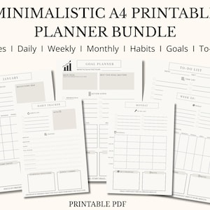 May include: A collection of minimalist A4 printable planner pages. The bundle includes 23 pages for daily, weekly, monthly, habits, goals, and to-do lists. The pages are in black and white with a simple design, and include the text "MINIMALISTIC A4 PRINTABLE PLANNER BUNDLE".