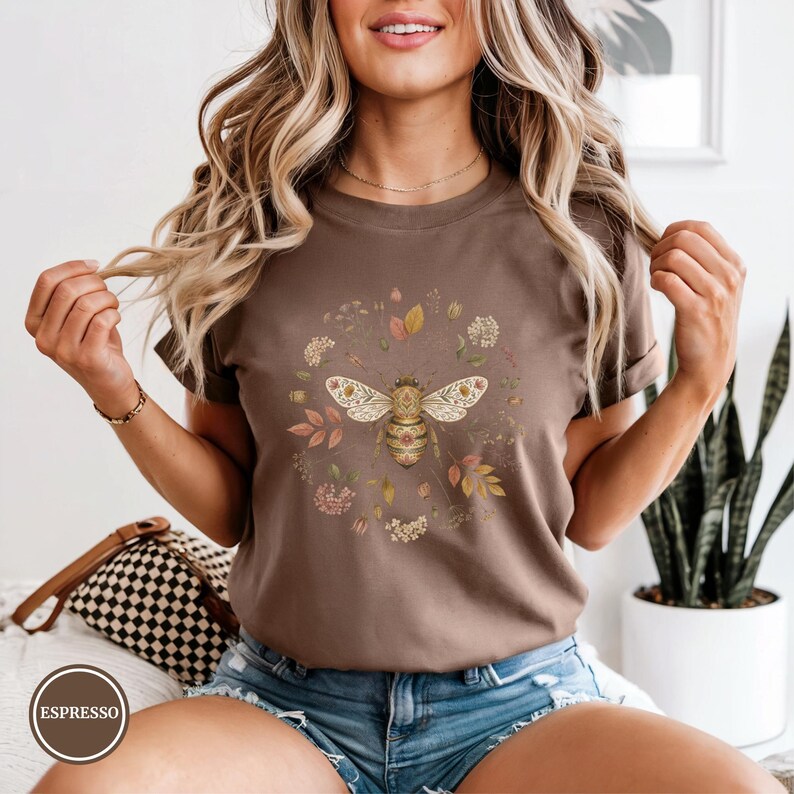 Boho Floral Bee Shirt, Comfort Colors® Nature Lover Tshirt, Botanical Wildflowers Tee, Gardener Gift image 4