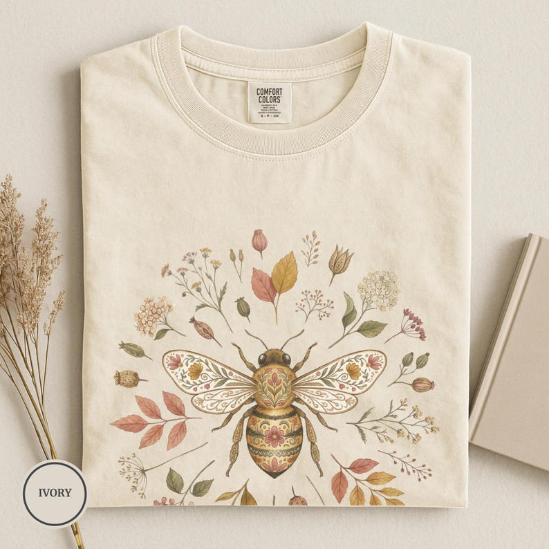 Boho Floral Bee Shirt, Comfort Colors® Nature Lover Tshirt, Botanical Wildflowers Tee, Gardener Gift image 1
