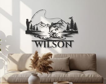 Arte mural de pesca personalizado, letrero metálico de pescador personalizado, decoración de lago de trucha, arte mural de cabaña, regalo para pescador, decoración de pared metálica de peces