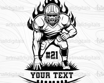 May include: Black and white graphic of a football player in a crouched stance, with flames behind the helmet. The number 21 is on the player's uniform. Below, the text "YOUR TEXT" is above a football graphic, with file type icons: SVG, PNG, DXF, and EPS.