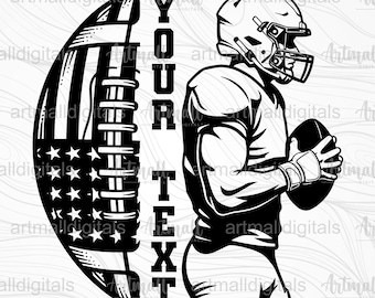 May include: Black and white graphic of a football player holding a football, with an American flag design on a football. The text "YOUR TEXT" is vertically aligned. Includes SVG, PNG, DXF, and EPS file type icons.
