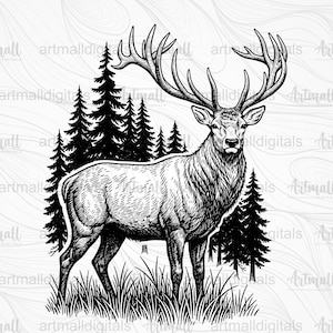 May include: A detailed black and white illustration of a stag with large antlers, standing in a grassy area with pine trees in the background. The image includes the file type icons: SVG, PNG, DXF, and EPS.