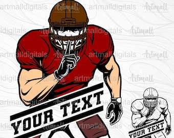 May include: A vector graphic of an American football player in a red uniform and brown helmet, with a finger to the lips gesture. The image includes the text "YOUR TEXT" and file type icons: SVG, PNG, DXF, and EPS.