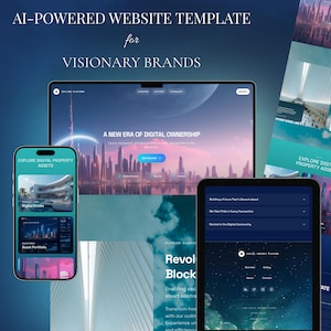 Puede incluir: Imagen promocional de una plantilla de sitio web con tecnología de IA para marcas visionarias. La imagen presenta una computadora portátil, una tableta y un teléfono inteligente que muestran maquetas de sitios web con paisajes urbanos futuristas y el texto "A New Era of Digital Ownership."