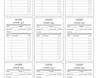 May include: Nine white needle check out cards with black text. Each card has fields for size, length, material, brand, date, project, and a section for returns. The cards are designed for tracking knitting needles.