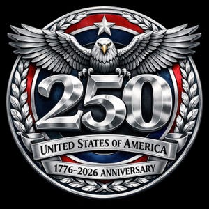 May include: A detailed emblem celebrating the 250th anniversary of the United States of America. The design features a silver eagle with outstretched wings, the number "250", and the text "United States of America 1776-2026 Anniversary" on a ribbon.